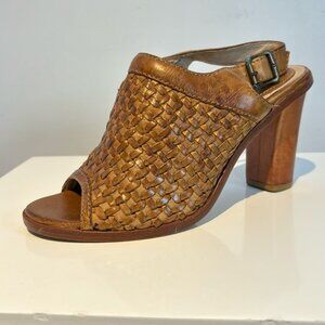 Frye Tan Woven Leather Heeled Sandals